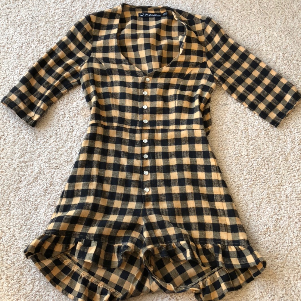 For Love & Lemons Black and Mustard Plaid Button Romper